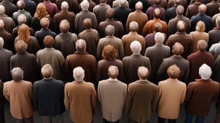 large group of people stands closely together in a public area, all facing the same direction