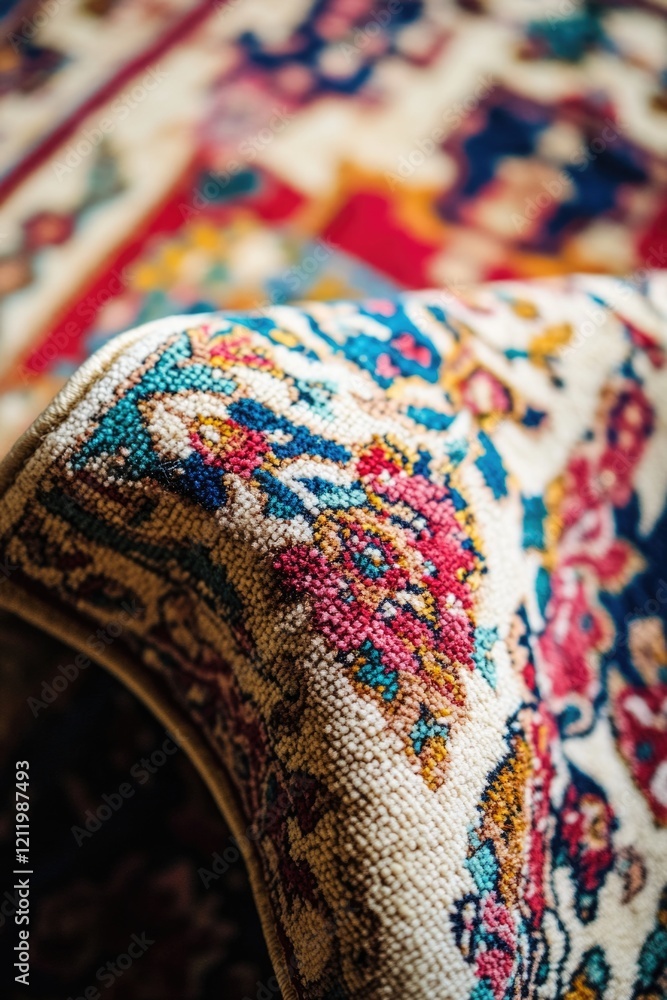 Poster a detailed view of a rug's pattern and texture, suitable for use in interior design or product photo