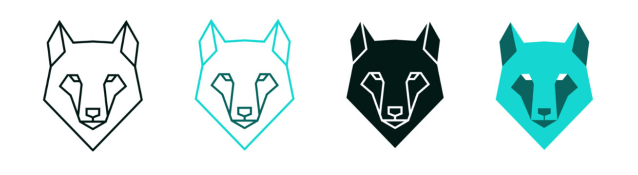 Polygonal wolf head icon set. Low poly animal face. Line or solid logo design for web, print, app or branding. Minimalistic symbol. Modern illustration. Polygon geometric art. Editable vector stroke. 