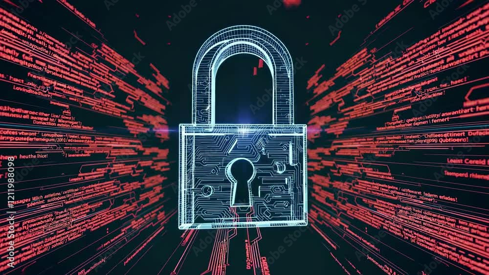 Poster digital security lock animation showcasing data protection and encryption technology