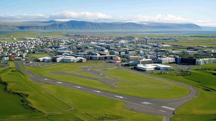 An aerial view of Reykjavik, showing the city's unique layout and colorful buildings surrounded by natural beauty.
