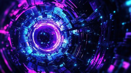 Obraz premium Vibrant Abstract Circular Pattern with Neon Lights, Futuristic Technology Concept, Bright Purple and Blue Color Palette, Digital Art Background for Modern Designs