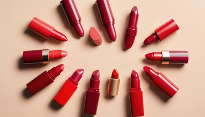 Obraz premium Red lipstick on a pink pastel background, a beauty and cosmetic object showcasing glamour and style