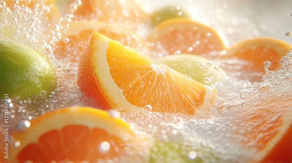 Poster juicy orange and lime slices submerged in sparkling water, creating a refreshing and vibrant image p