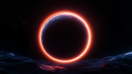 Fototapeta premium Stunning solar eclipse over alien landscape with glowing horizon, circle sphere copy space 