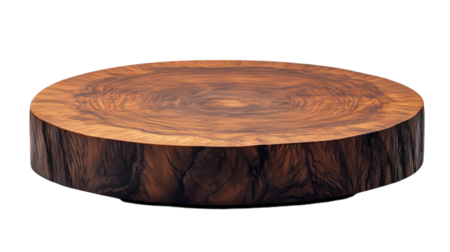 Crafted wooden serving platter showcasing natural grain details and unique round shape on display