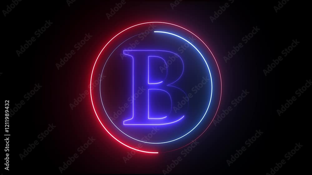 Poster glowing neon english b letter icon with circle animation on a black background. energy alphabet, fon