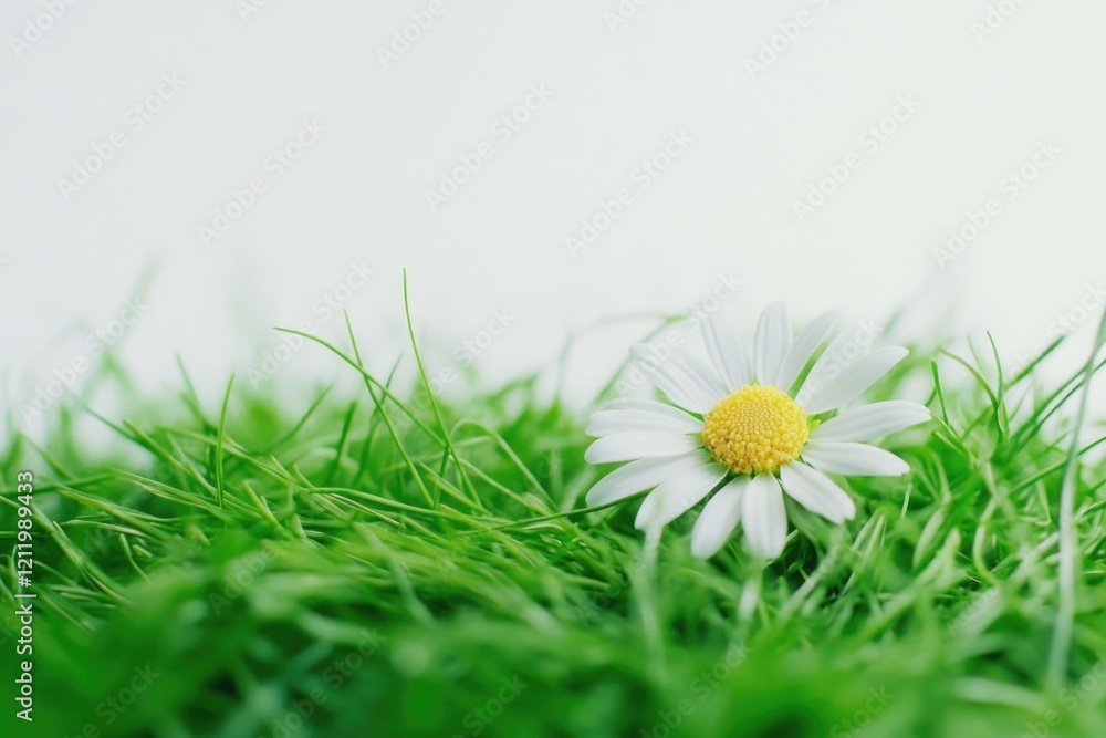 Poster a lone white flower sits atop a vibrant green meadow, perfect for use in editorial or commercial con