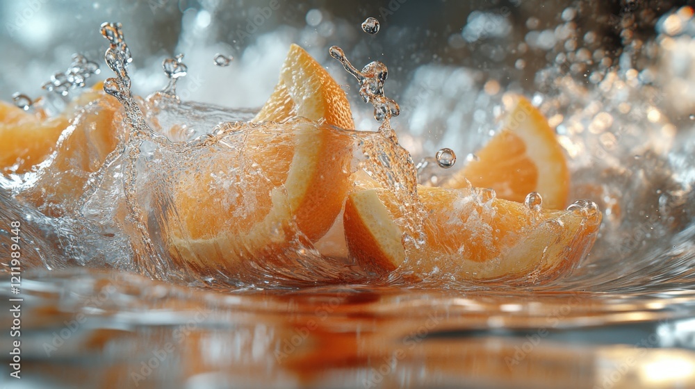 Poster juicy orange slices splashing into water, creating dynamic water droplets and a vibrant, refreshing 
