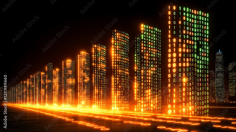 Poster digital cityscape binary code night lights futuristic urban skyline technology web data glow dark