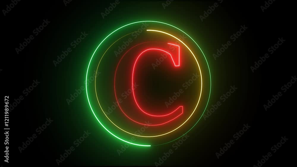 Poster glowing neon english c letter icon with circle animation on a black background. energy alphabet, fon
