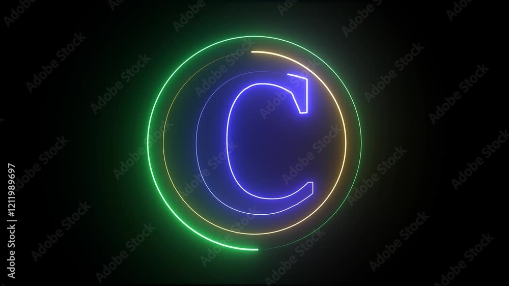 Poster glowing neon english c letter icon with circle animation on a black background. energy alphabet, fon
