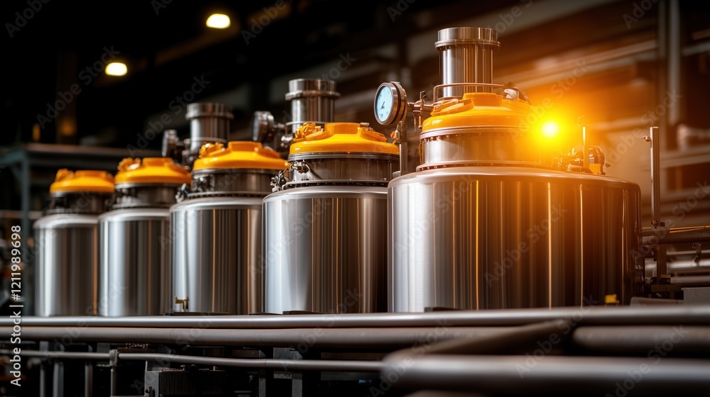Poster rows of metallic processing tanks with bright yellow caps are displayed in a factory