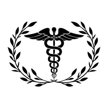 Logo con s&iacute;mbolo caduceo farmacia con silueta de culebras y bast&oacute;n con corona de laurel