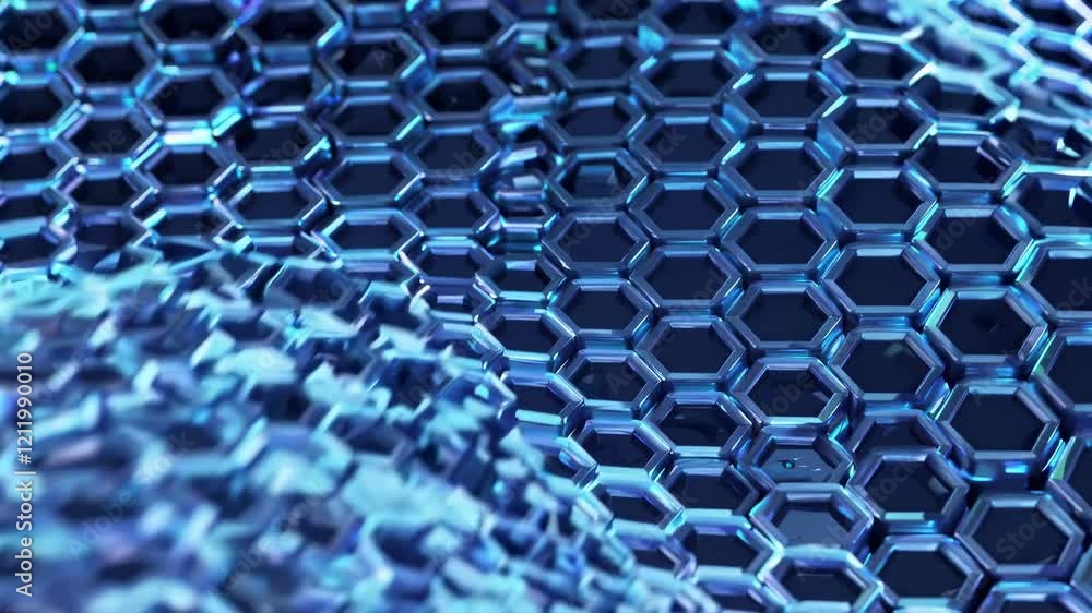 Poster explore the intricate design of hexagonal patterns in a futuristic material simulation