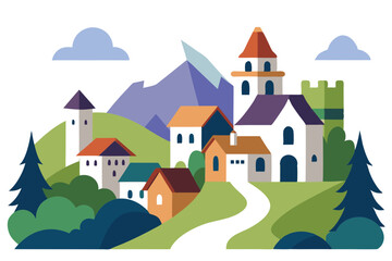 "Cozy Medieval Village Vector Illustration with Rolling Hills and Forest"

