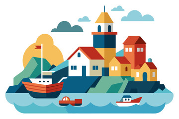 "Quaint Coastal Fishing Village Vector Illustration"

