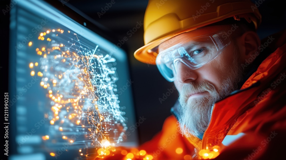 Poster skilled engineer focuses on a digital interface displaying intricate data patterns while wearing pro
