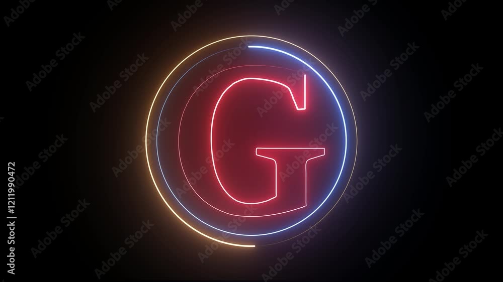 Poster glowing neon english g letter icon with circle animation on a black background. energy alphabet, fon