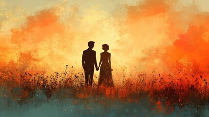Obraz premium Romantic silhouette of a couple holding hands in a colorful sunset with vibrant clouds and flowers