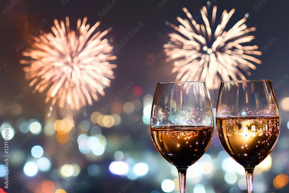 Poster two glasses of wine on a table with a cityscape lit up by fireworks in the background