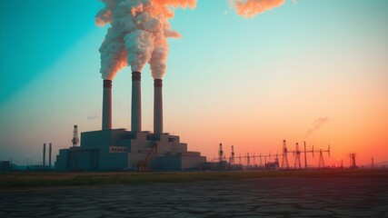 Industrial landscape with smoking chimneys of a power station at sunset