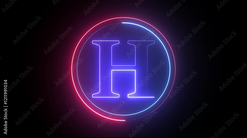 Poster glowing neon english h letter icon with circle animation on a black background. energy alphabet, fon
