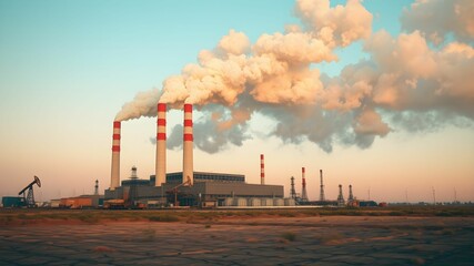 Industrial landscape with smoking chimneys of a power station at sunset