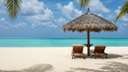 Peaceful Beach Retreat With Comfortable Wooden Sunbeds, Straw Umbrella And Turquoise Sea Under Blue Sky