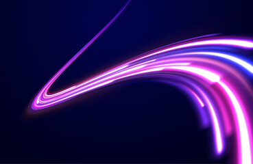 Creative vector illustration of flying cosmic meteor, planetoid, comet, fireball isolated on transparent background. Effect, png, wave,neon,line. Light arc in neon colors, in the form of a turn.