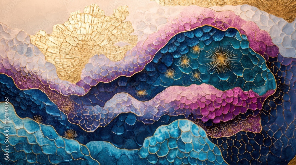 Poster abstract colorful waves with gold and blue patterns in fluid art style