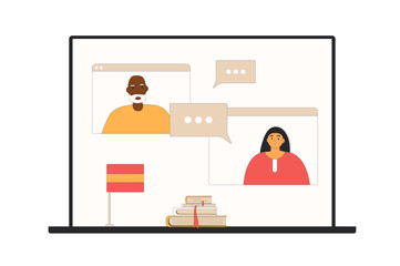 Learning spanish language online with conversation. Buddy system. Native speaker talking with adult student and practice pronunciation and reading skills of foreign language. Vector flat illustration.