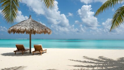 Tropical Beach Scene With Wooden Loungers, Straw Umbrella And Palm Leaves Overlooking Turquoise Ocean Under Clear Sky