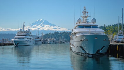 Serene Harbor View with Luxurious Yachts and Majestic Mountain Background under Clear Blue Sky in Pacific Northwest Landscape