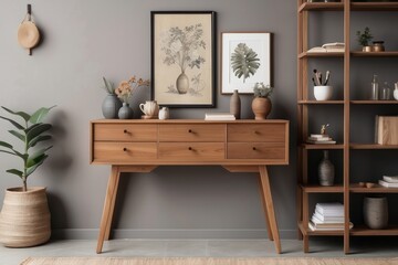 artist workspace interior with stylish teak commode, wooden easel, bookcase, decoration