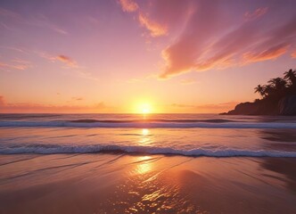 Obraz premium Colorful sunset casting warm hues across the beach, peaceful, sky, shoreline