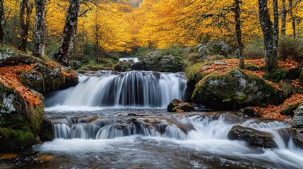 Autumn waterfall cascading through vibrant forest