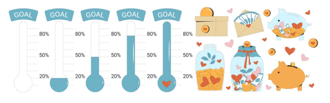 Fundraising thermometer. Financial goal scale set. Piggybank, envelope and tips jar and donation box. Money crowdfunding trackers Indicators of progress for donation event.