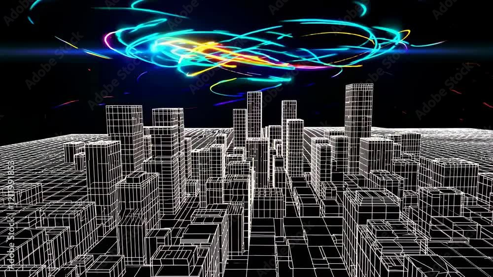 Poster exploring a vibrant futuristic cityscape with dynamic lights and intricate wireframe structures
