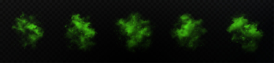 captivating swirl of vibrant green smoke adorned with shimmering starry particles and glowing glitter. The ethereal mist blends with hints of blue vapor stardust, all set against a deep black backd