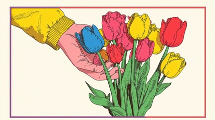 Hand reaching for a vibrant bouquet of colorful tulips in various shades