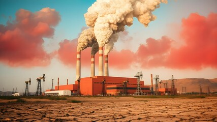 Industrial landscape with smoking chimneys of a power station at sunset