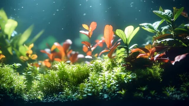 Lush Underwater Garden: Vibrant Aquatic Plants and Moss in a Tranquil Setting