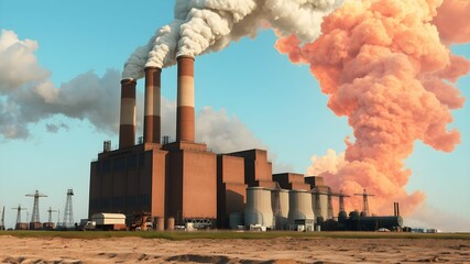 Industrial landscape with smoking chimneys of a power station at sunset