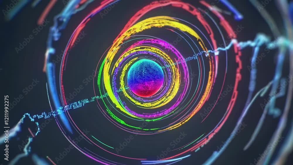 Poster visual exploration of vibrant data patterns within a swirling digital vortex