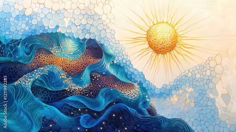 Poster abstract art of colorful waves with sun overlapping hexagonal patterns