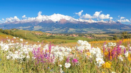 Fototapeta premium Alpine meadow wildflowers, village, mountain range, sunny day; nature tourism
