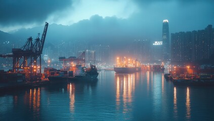 Obraz premium Serene Night View of a Hong Kong Harbor with Glowing Lights and Misty Atmosphere, Showcasing Maritime Activity and Urban Skyline Reflections