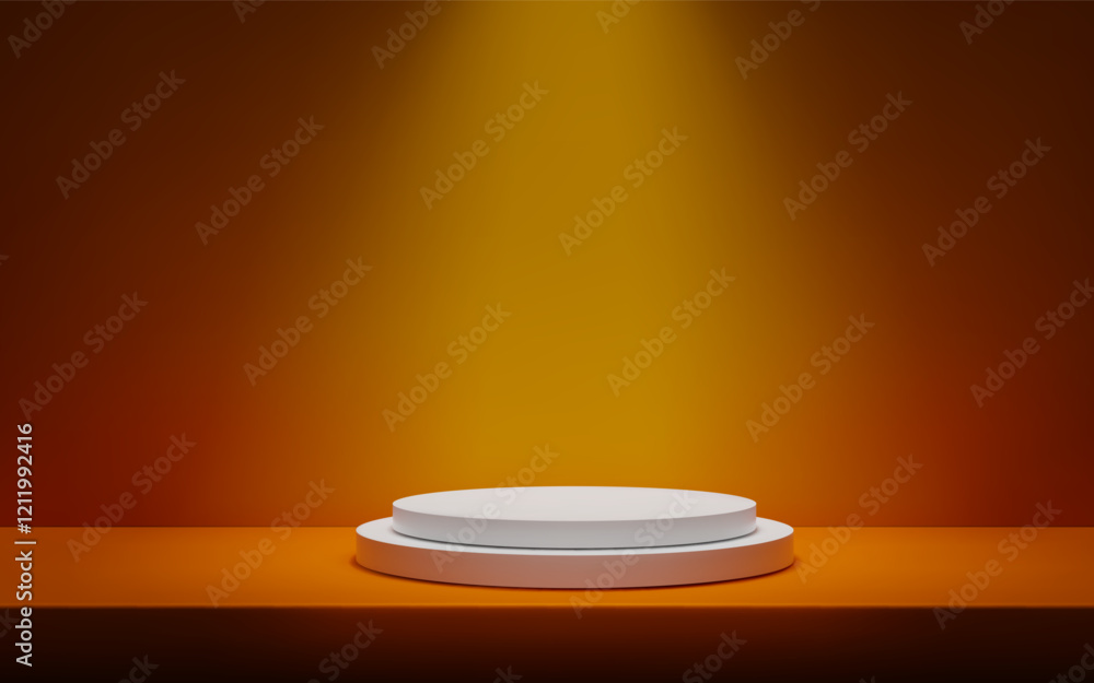 Poster 3d minimalistic orange background with a podium studio scene with platform for product presentation