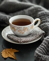 Cozy autumn teacup on knitted blanket